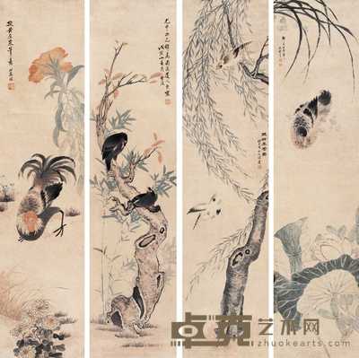 张盘 1878年作 四季花鸟 四屏 135×33cm×4
